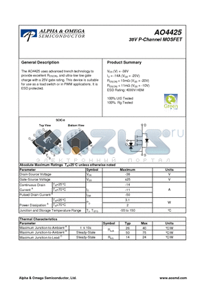 AO4425 datasheet - 38V P-Channel MOSFET