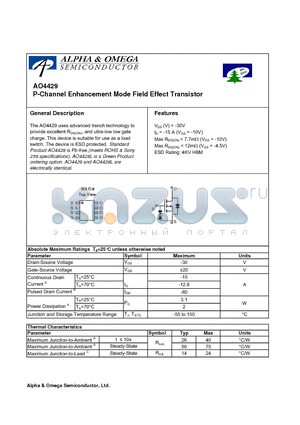 AO4429L datasheet - P-Channel Enhancement Mode Field Effect Transistor