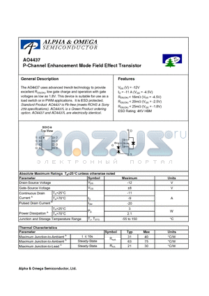 AO4437 datasheet - P-Channel Enhancement Mode Field Effect Transistor