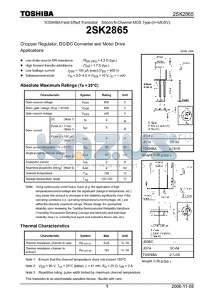 2SK2865 datasheet - Silicon N-Channel MOS Type Chopper Regulator, DC/DC Converter and Motor Drive Applications