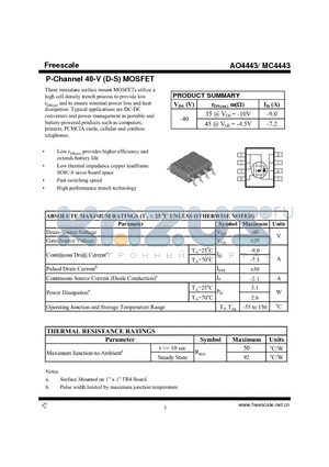 AO4443 datasheet - P-Channel 40-V (D-S) MOSFET Fast switching speed