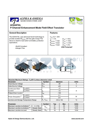 AO4447AL datasheet - P-Channel Enhancement Mode Field Effect Transistor