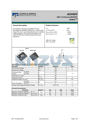 AO4454 datasheet - 100V N-Channel MOSFET