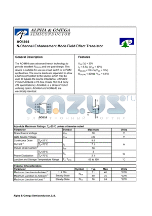 AO4464 datasheet - N-Channel Enhancement Mode Field Effect Transistor