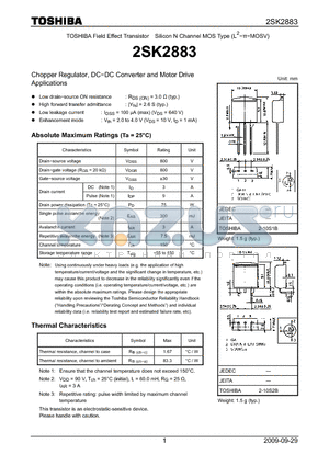 2SK2883 datasheet - Chopper Regulator, DC−DC Converter and Motor Drive Applications