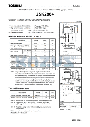 2SK2884 datasheet - Chopper Regulator, DC−DC Converter Applications