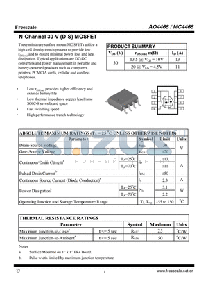 AO4468 datasheet - N-Channel 30-V (D-S) MOSFET High performance trench technology