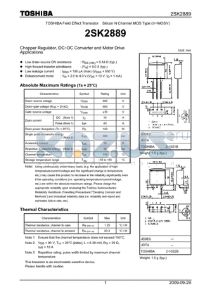 2SK2889 datasheet - Chopper Regulator, DC−DC Converter and Motor Drive Applications