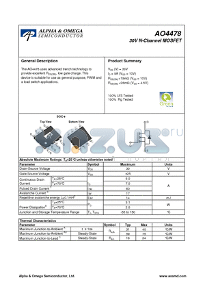 AO4478 datasheet - 30V N-Channel MOSFET