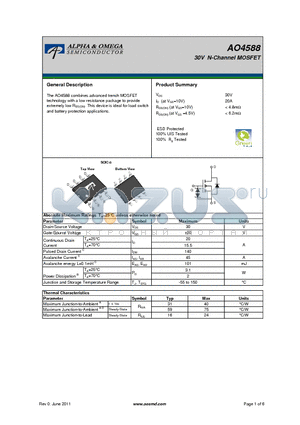 AO4588 datasheet - 30V N-Channel MOSFET