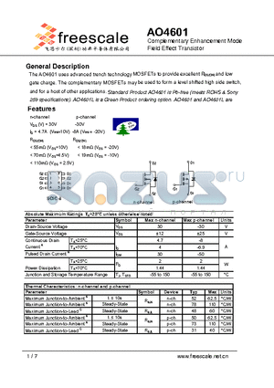 AO4601 datasheet - Complementary Enhancement Mode Field Effect Transistor