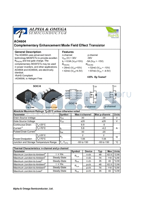 AO4604_09 datasheet - Complementary Enhancement Mode Field Effect Transistor