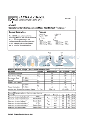 AO4606 datasheet - Complementary Enhancement Mode Field Effect Transistor