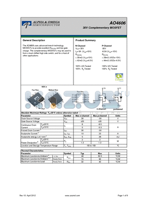 AO4606 datasheet - 30V Complementary MOSFET