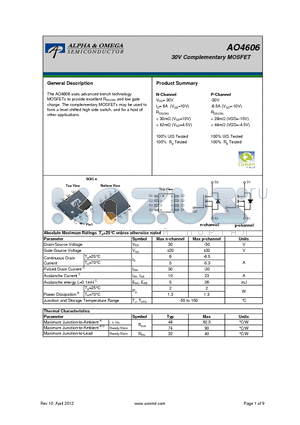 AO4606_12 datasheet - 30V Complementary MOSFET
