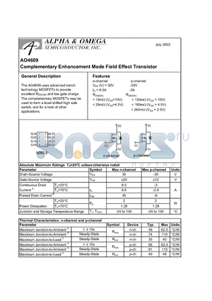 AO4609 datasheet - Complementary Enhancement Mode Field Effect Transistor