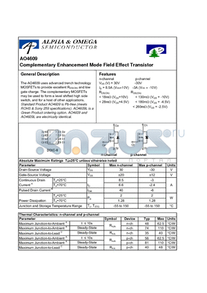 AO4609 datasheet - Complementary Enhancement Mode Field Effect Transistor