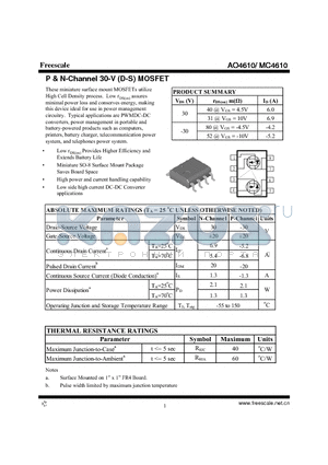 AO4610 datasheet - P & N-Channel 30-V (D-S) MOSFET High power and current handling capability
