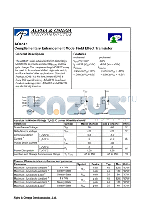 AO4611 datasheet - Complementary Enhancement Mode Field Effect Transistor