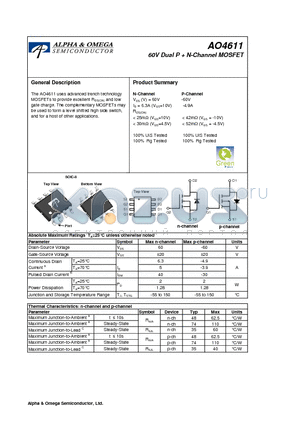 AO4611 datasheet - 60V Dual P  N-Channel MOSFET