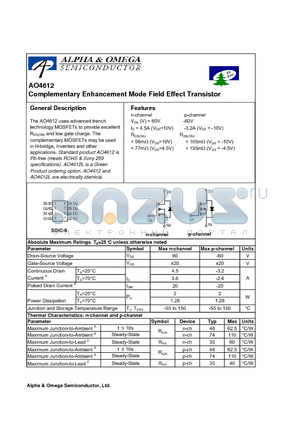 AO4612L datasheet - Complementary Enhancement Mode Field Effect Transistor