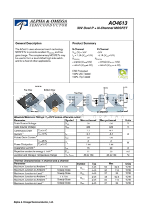 AO4613 datasheet - 30V Dual P  N-Channel MOSFET