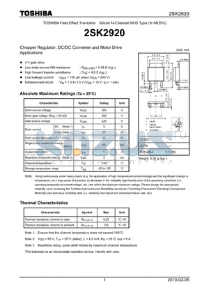 2SK2920 datasheet - Chopper Regulator, DC/DC Converter and Motor Drive