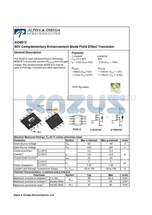 AO4612_10 datasheet - 60V Complementary Enhancement Mode Field Effect Transistor