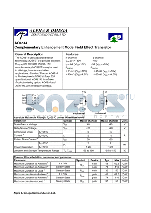 AO4614 datasheet - Complementary Enhancement Mode Field Effect Transistor