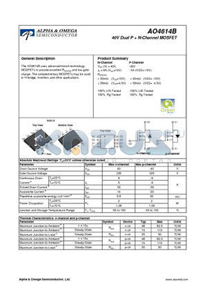 AO4614B datasheet - 40V Dual P  N-Channel MOSFET