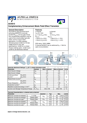 AO4615L datasheet - Complementary Enhancement Mode Field Effect Transistor