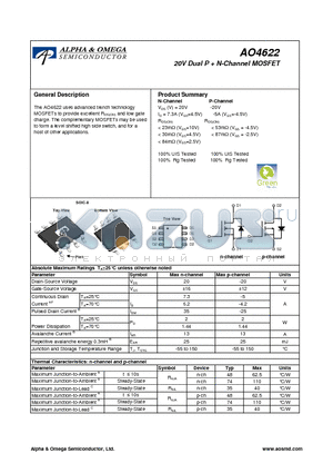 AO4622 datasheet - 20V Dual P  N-Channel MOSFET