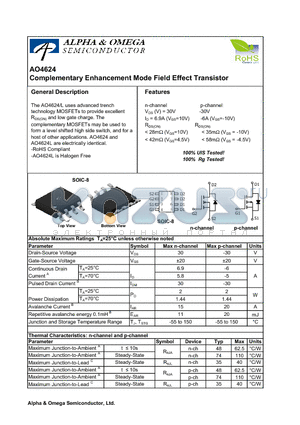 AO4624 datasheet - Complementary Enhancement Mode Field Effect Transistor