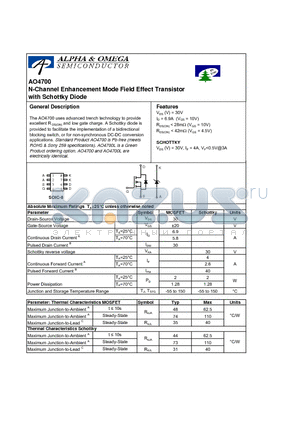 AO4700L datasheet - N-Channel Enhancement Mode Field Effect Transistor with Schottky Diode