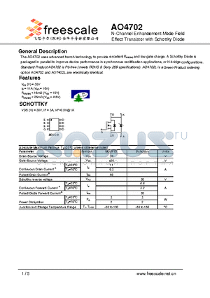 AO4702 datasheet - N-Channel Enhancement Mode Field Effect Transistor with Schottky Diode