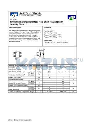 AO4702L datasheet - N-Channel Enhancement Mode Field Effect Transistor with Schottky Diode