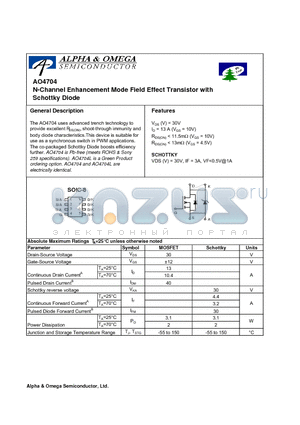 AO4704 datasheet - N-Channel Enhancement Mode Field Effect Transistor with Schottky Diode