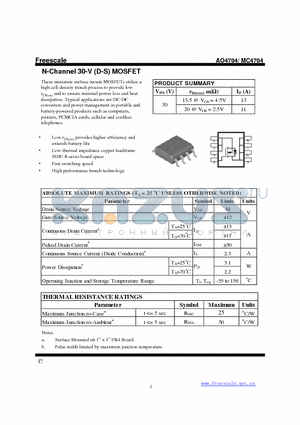 AO4704 datasheet - N-Channel 30-V (D-S) MOSFET High performance trench technology