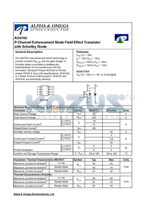 AO4705 datasheet - P-Channel Enhancement Mode Field Effect Transistor with Schottky Diode