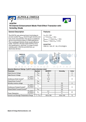 AO4704L datasheet - N-Channel Enhancement Mode Field Effect Transistor with Schottky Diode