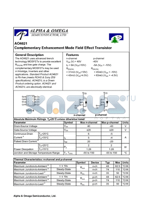 AO4621 datasheet - Complementary Enhancement Mode Field Effect Transistor