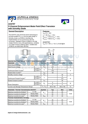 AO4707 datasheet - P-Channel Enhancement Mode Field Effect Transistor with Schottky Diode