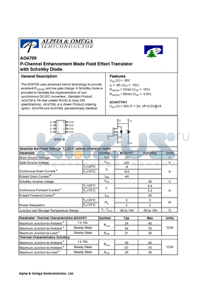 AO4709L datasheet - P-Channel Enhancement Mode Field Effect Transistor with Schottky Diode