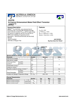 AO4726L datasheet - N-Channel Enhancement Mode Field Effect Transistor