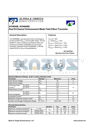 AO4800B datasheet - Dual N-Channel Enhancement Mode Field Effect Transistor