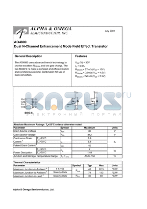 AO4800 datasheet - Dual N-Channel Enhancement Mode Field Effect Transistor