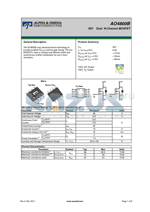 AO4800B datasheet - 30V Dual N-Channel MOSFET