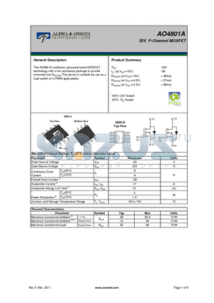AO4801A_11 datasheet - 30V P-Channel MOSFET