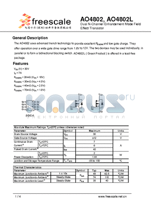 AO4802 datasheet - Dual N-Channel Enhancement Mode Field Effect Transistor