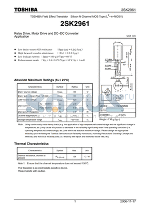 2SK2961 datasheet - Silicon N Channel MOS Type Relay Drive, Motor Drive and DC−DC Converter Application